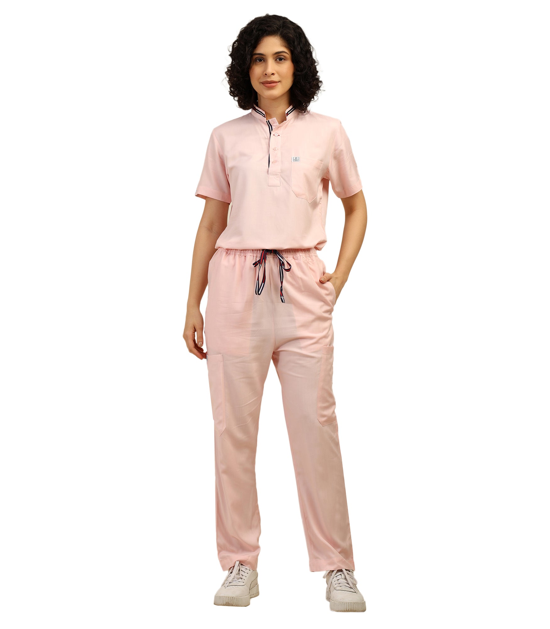 Women Mandarin Neck Pink Scrub Set