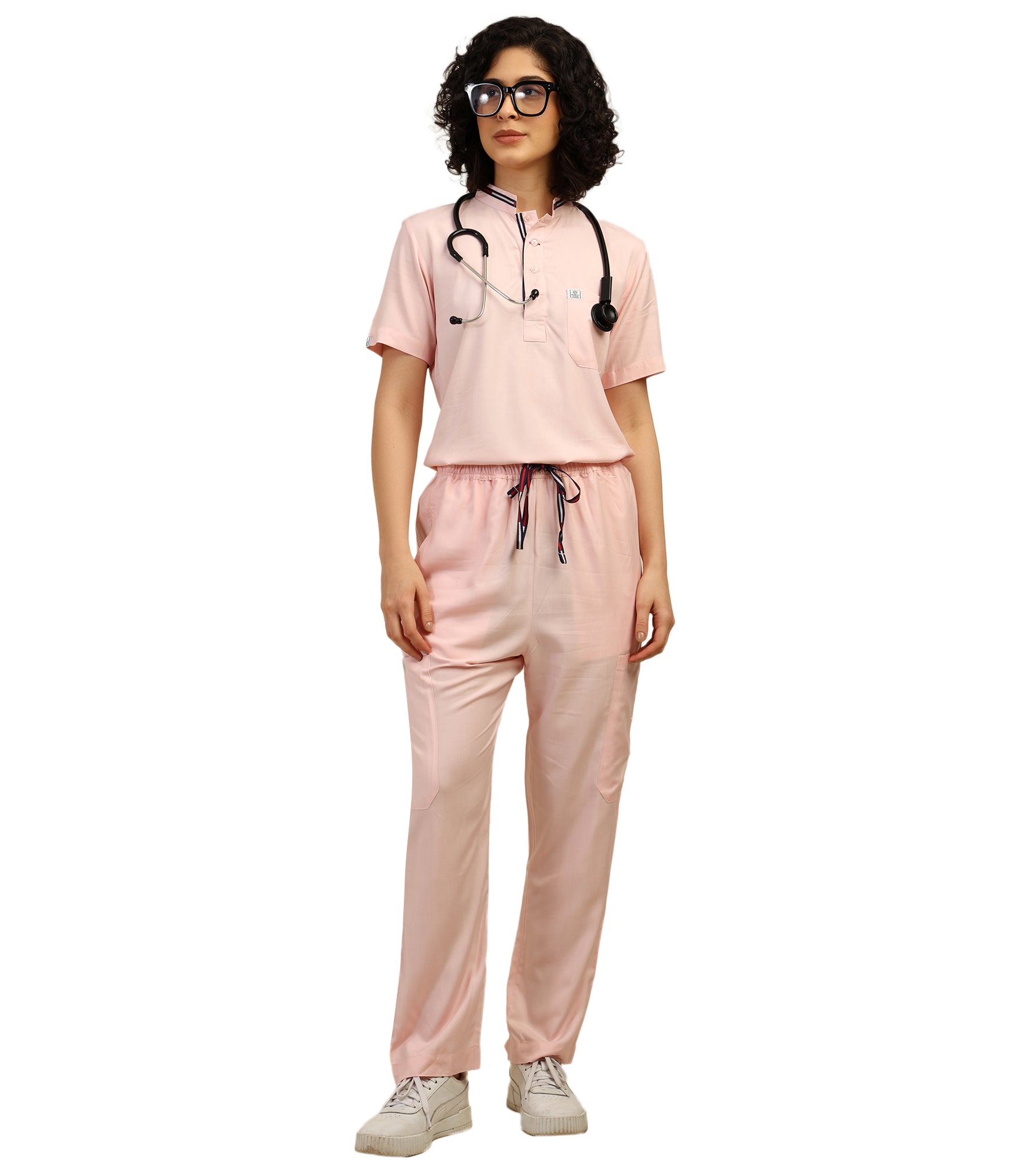 Women Mandarin Neck Pink Scrub Set