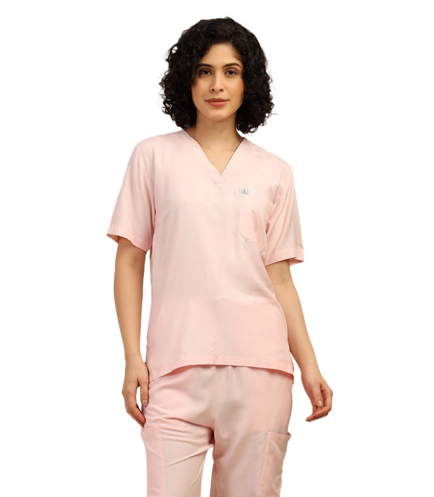 Women V-Neck Pink Scrub Top