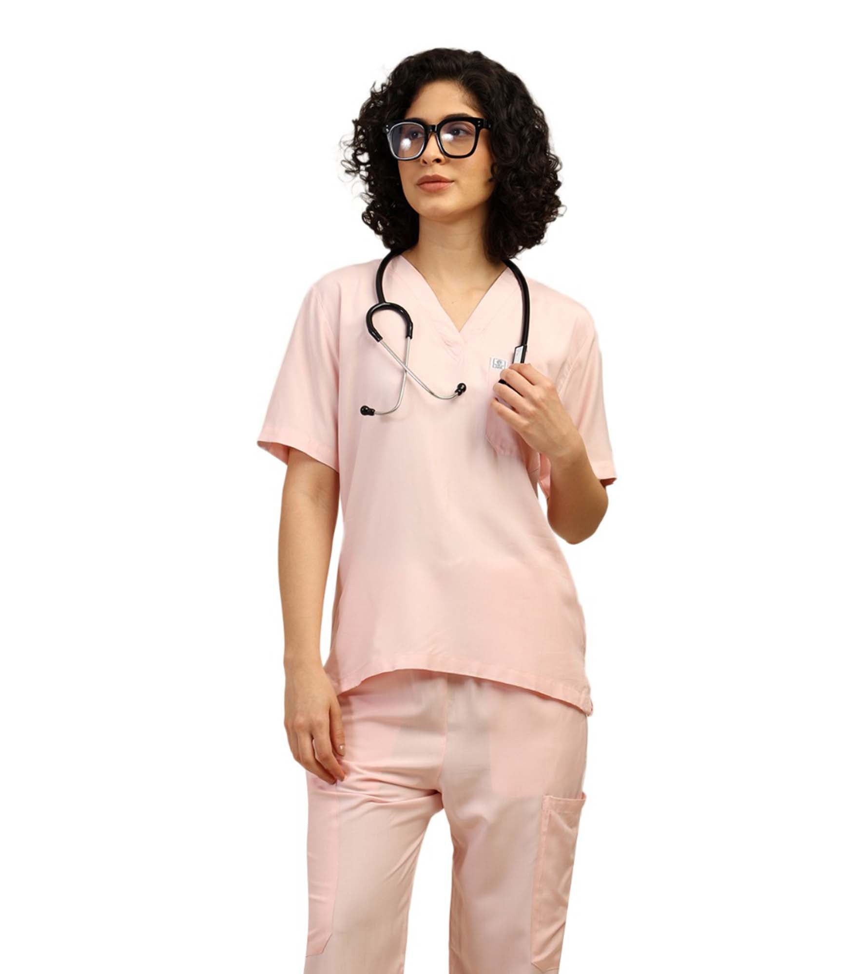 Women V-Neck Pink Scrub Top