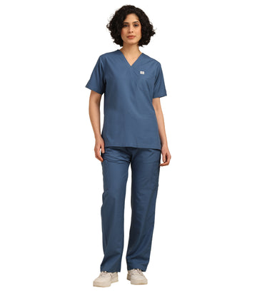 Women V-Neck Steel Blue Scrub Set