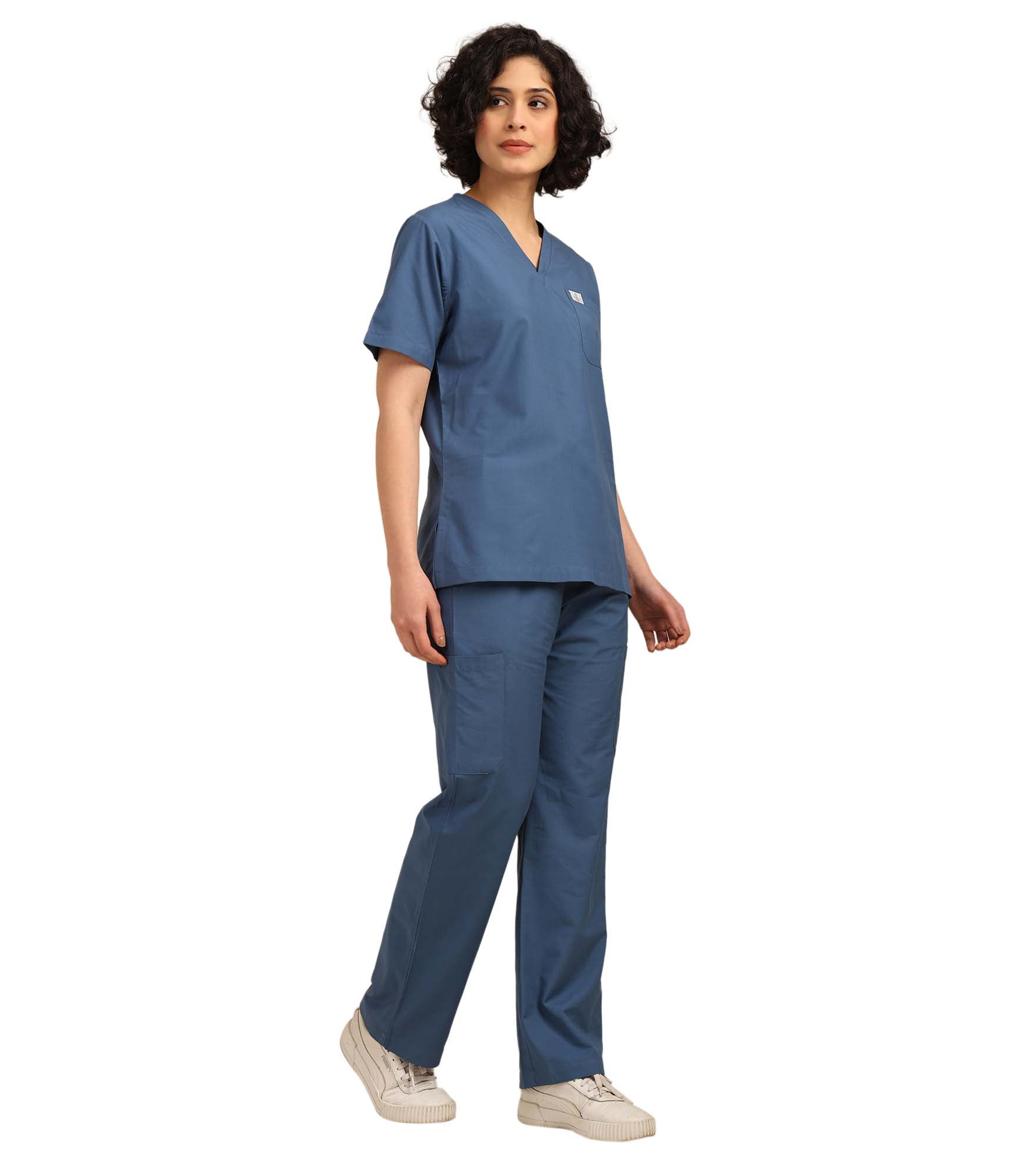 Women V-Neck Steel Blue Scrub Set