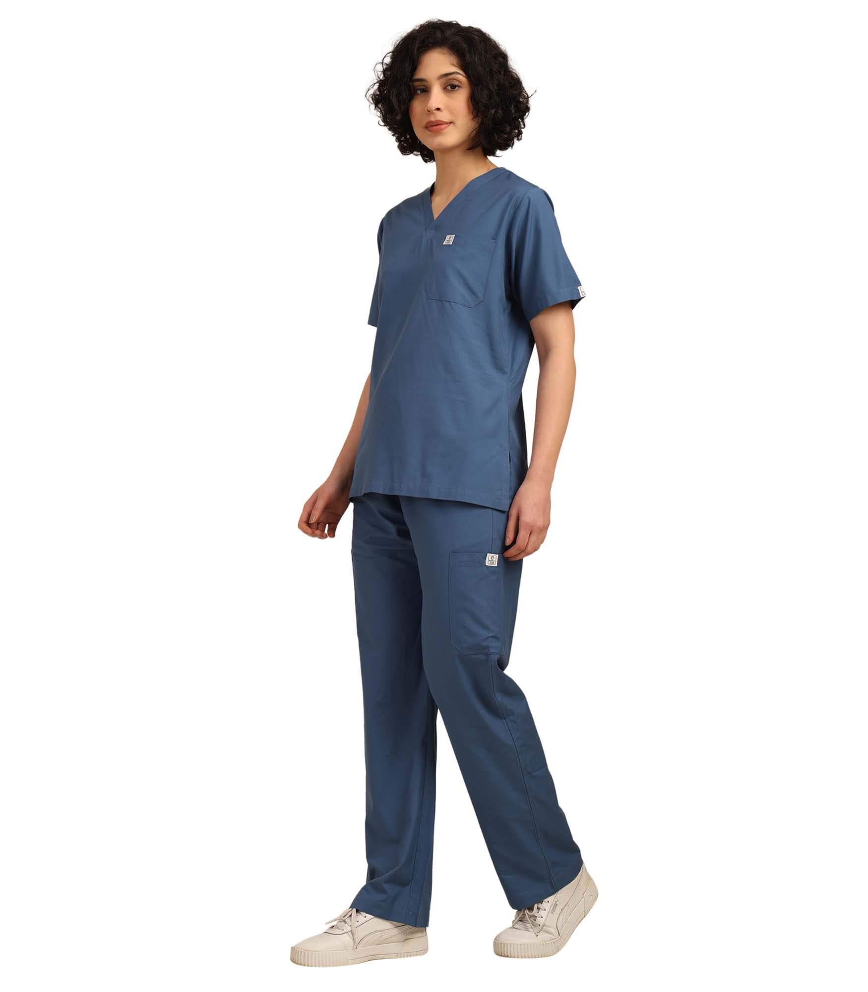 Women V-Neck Steel Blue Scrub Set