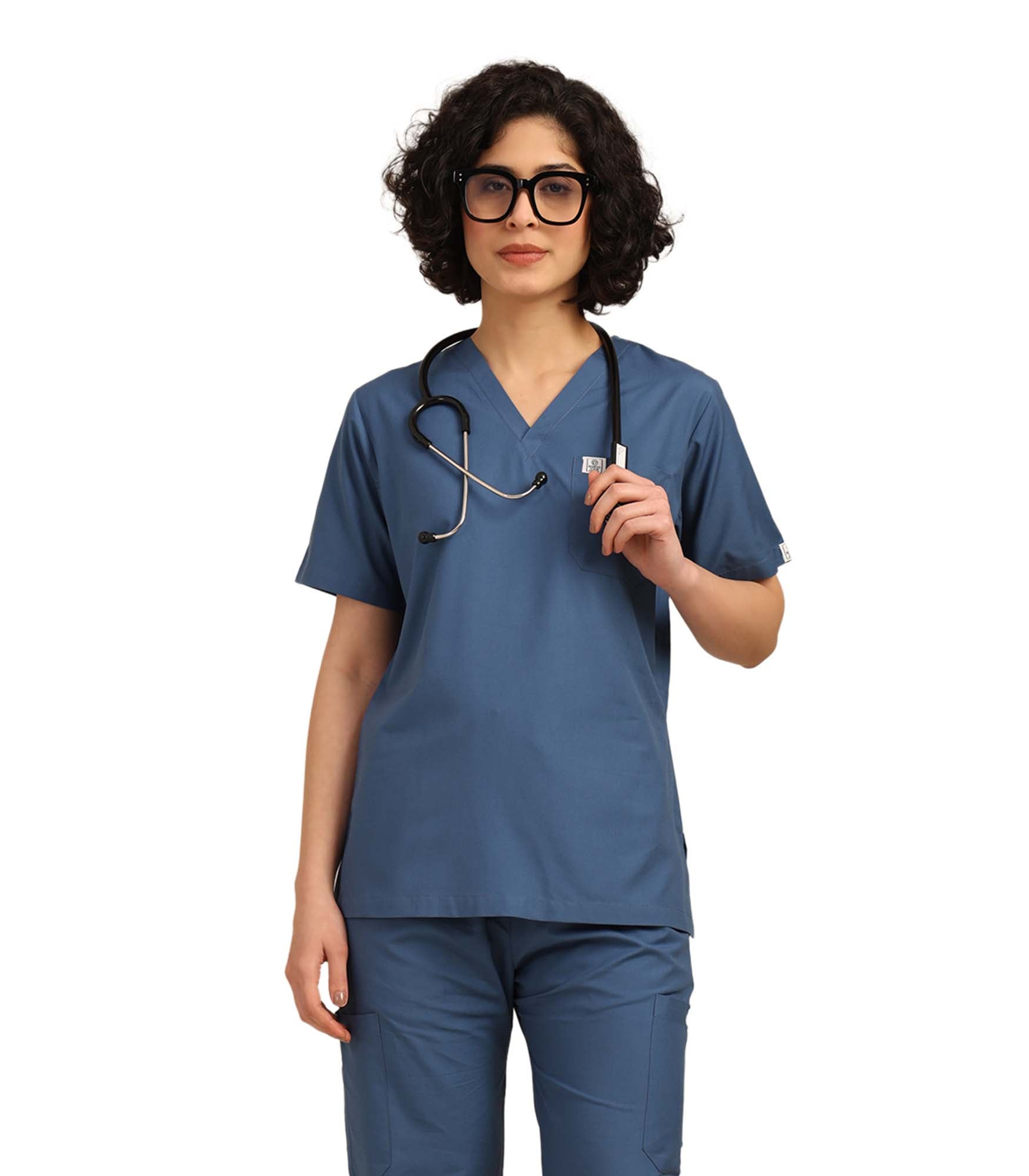 Women V-Neck Steel Blue Scrub Top
