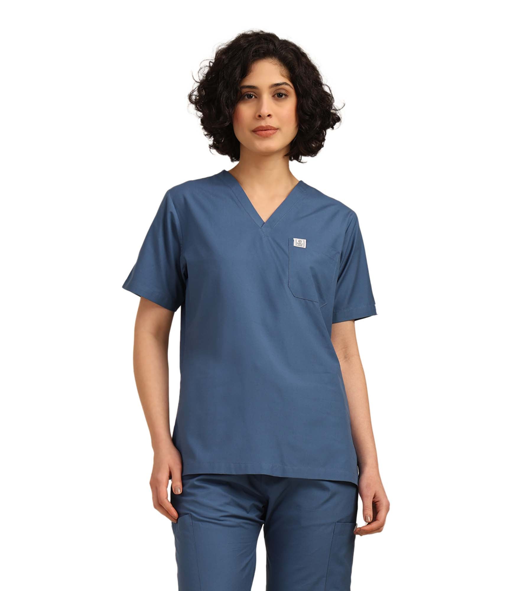 Women V-Neck Steel Blue Scrub Top