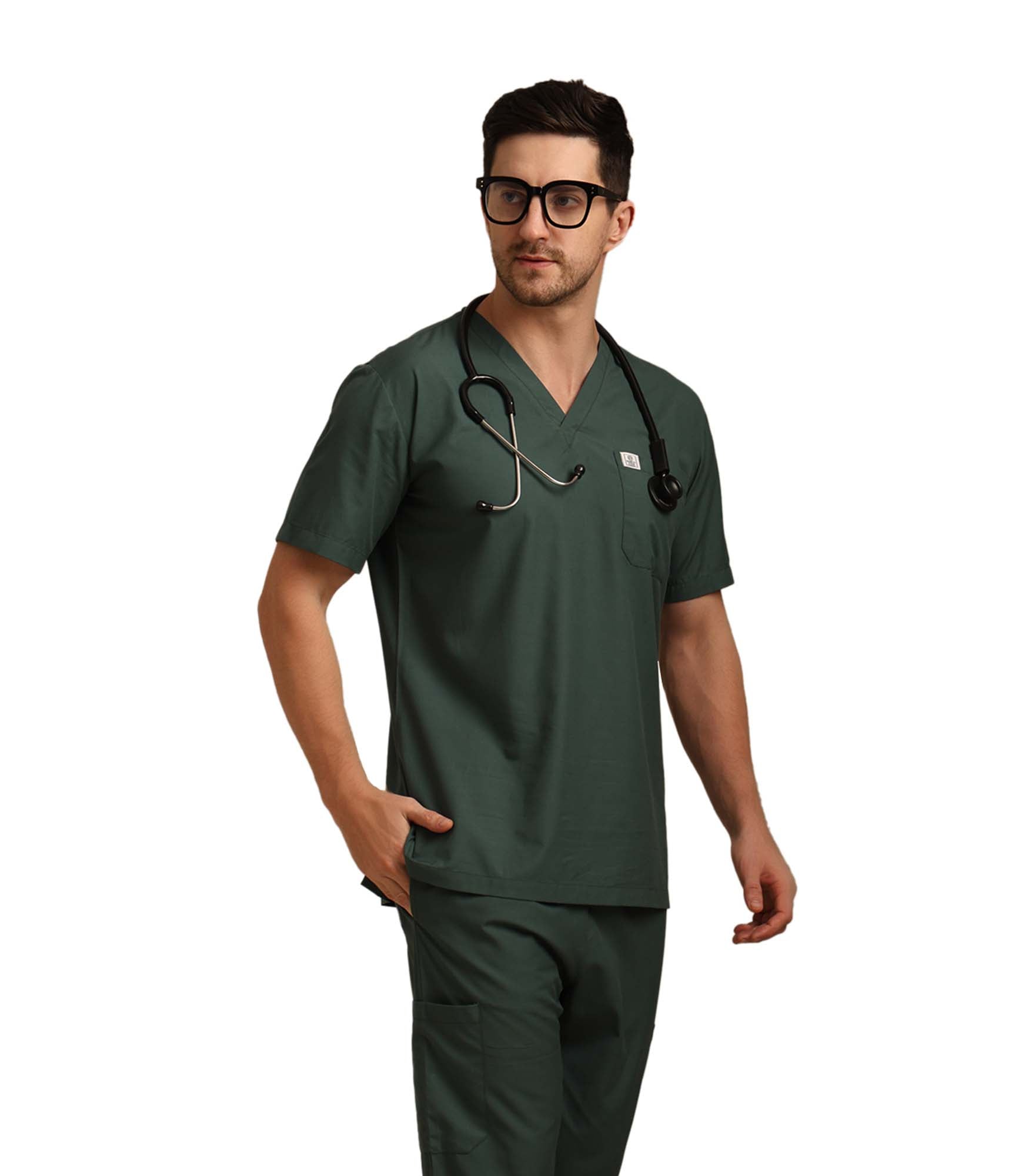 Men V-Neck Forest Green Scrub Top