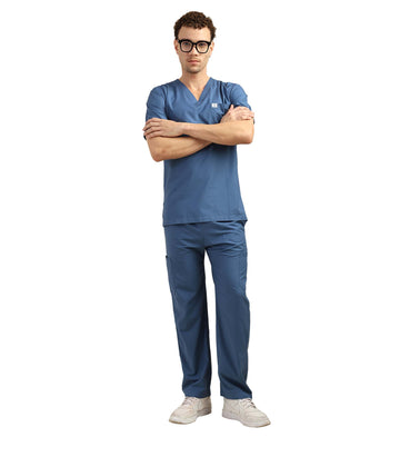 Men V-Neck Steel Blue Scrub Set