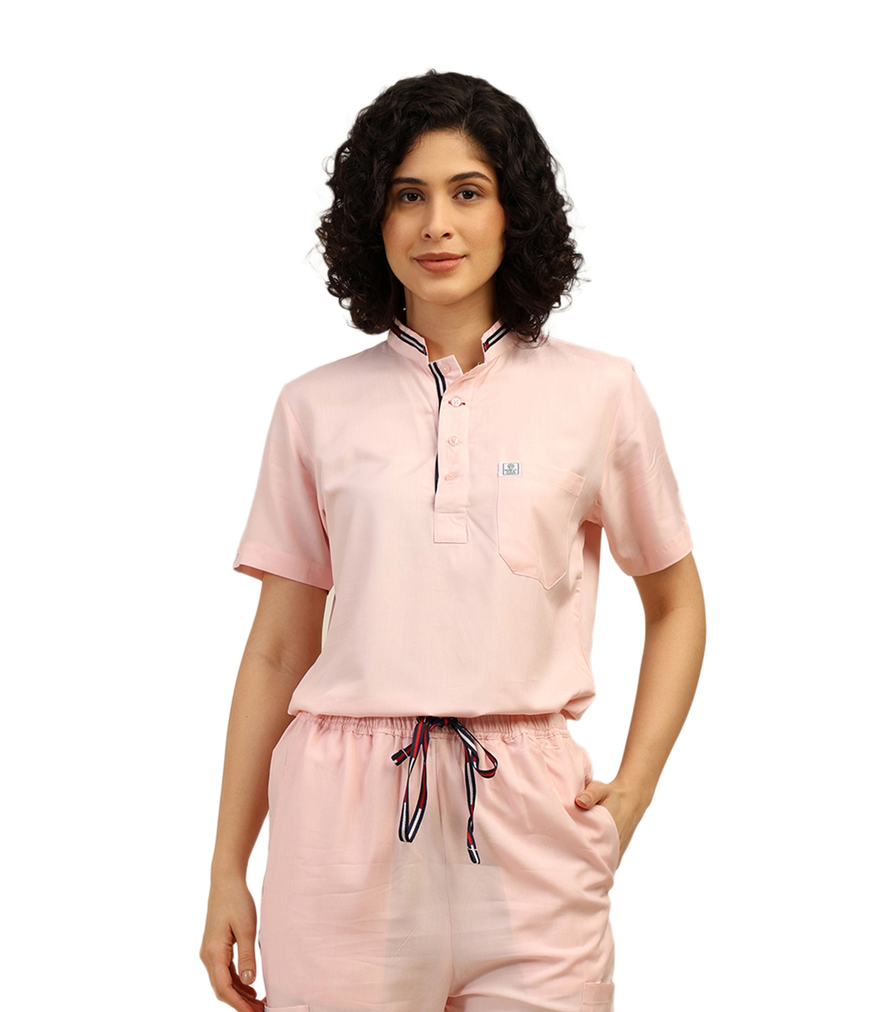 Women Mandarin Neck Pink Scrub Top