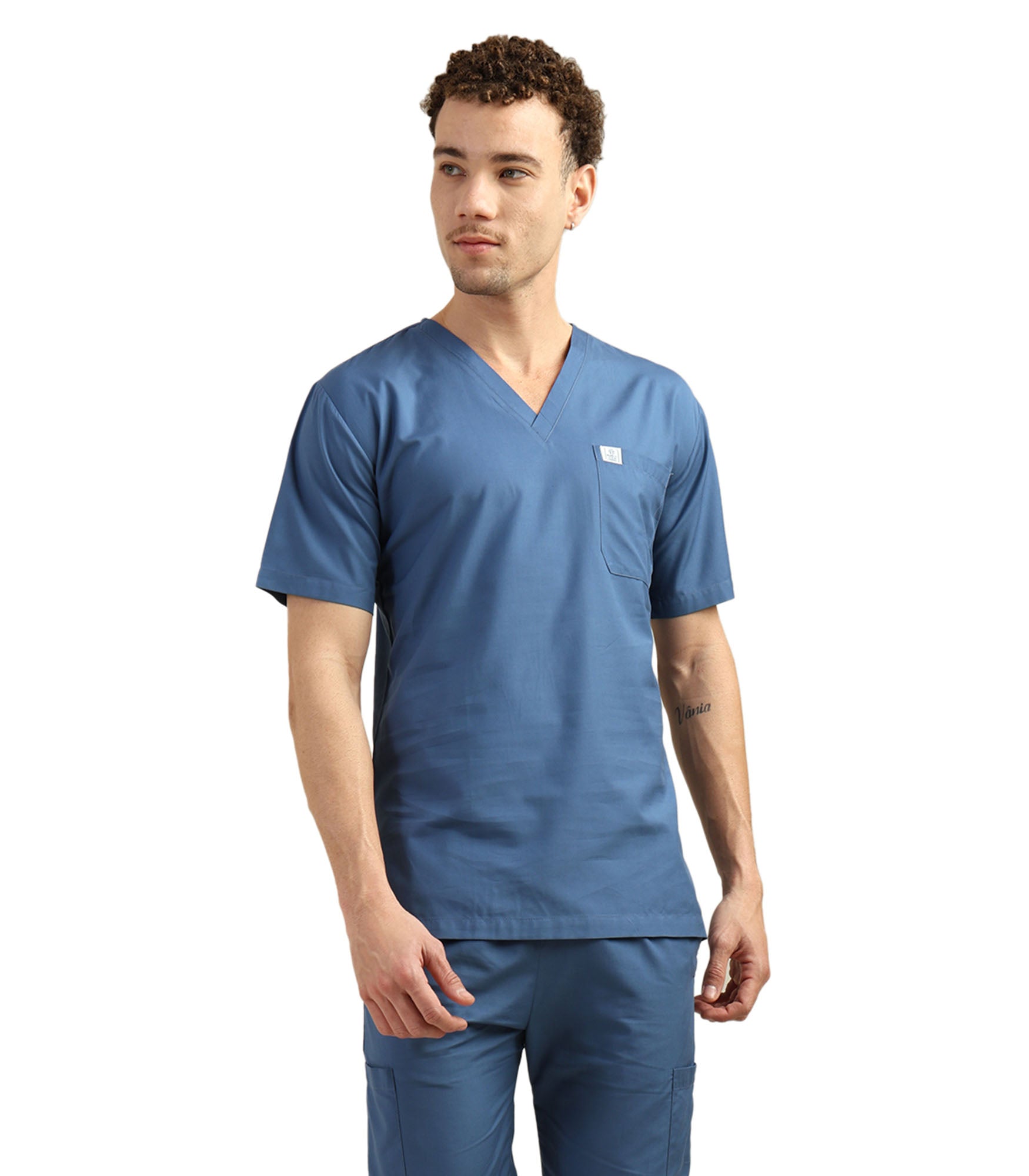 Men V-Neck Steel Blue Scrub Top