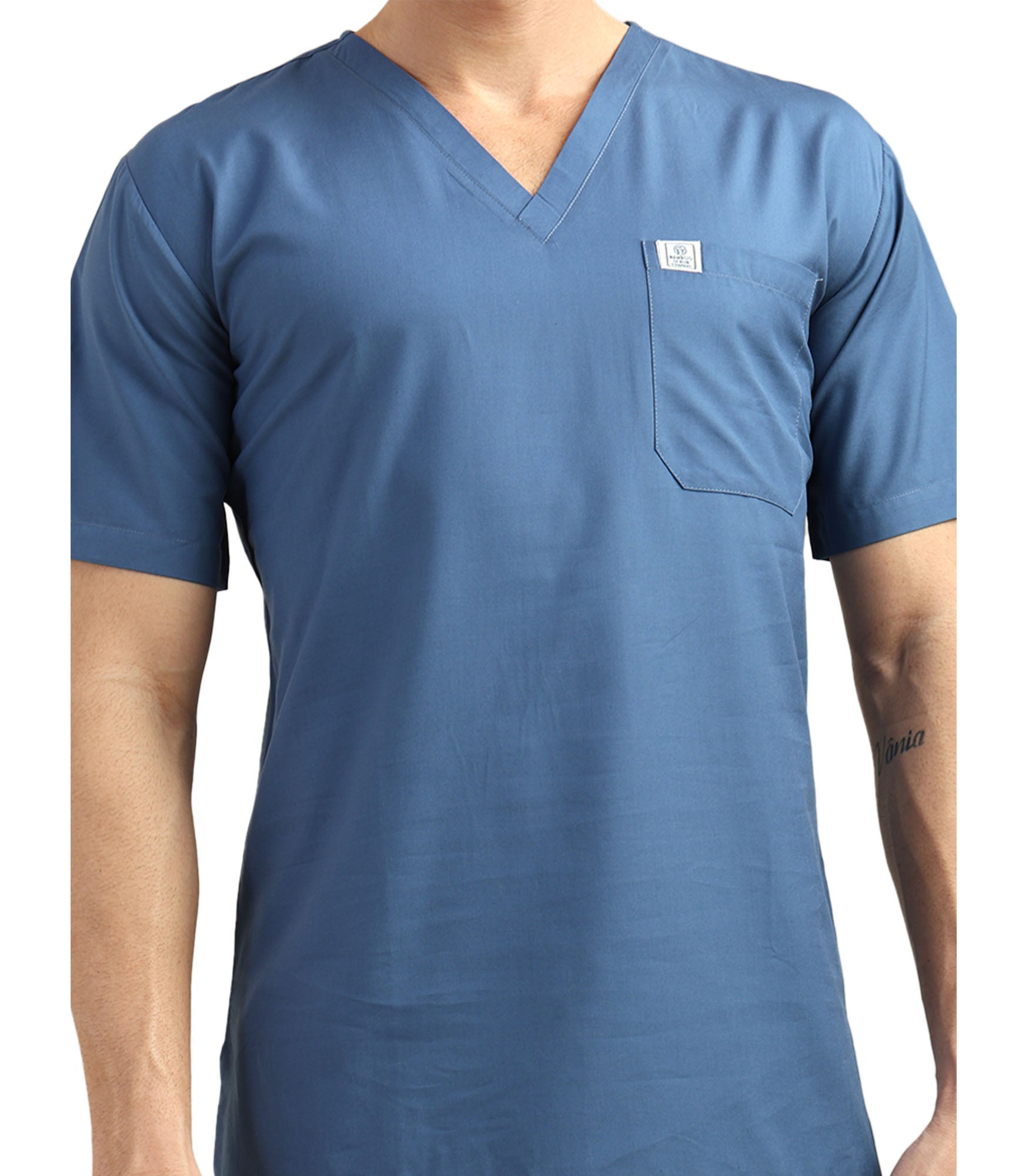 Men V-Neck Steel Blue Scrub Top